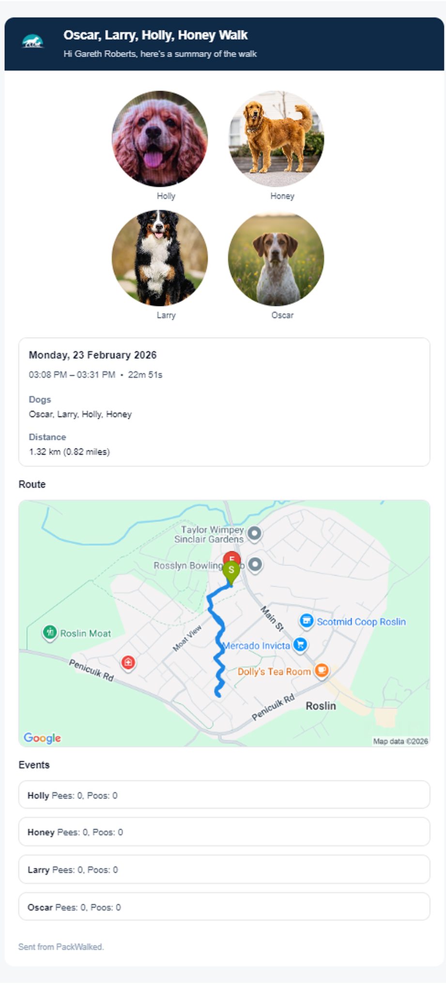 Professional Owner Email - Tap of a button to update owners after a walk.