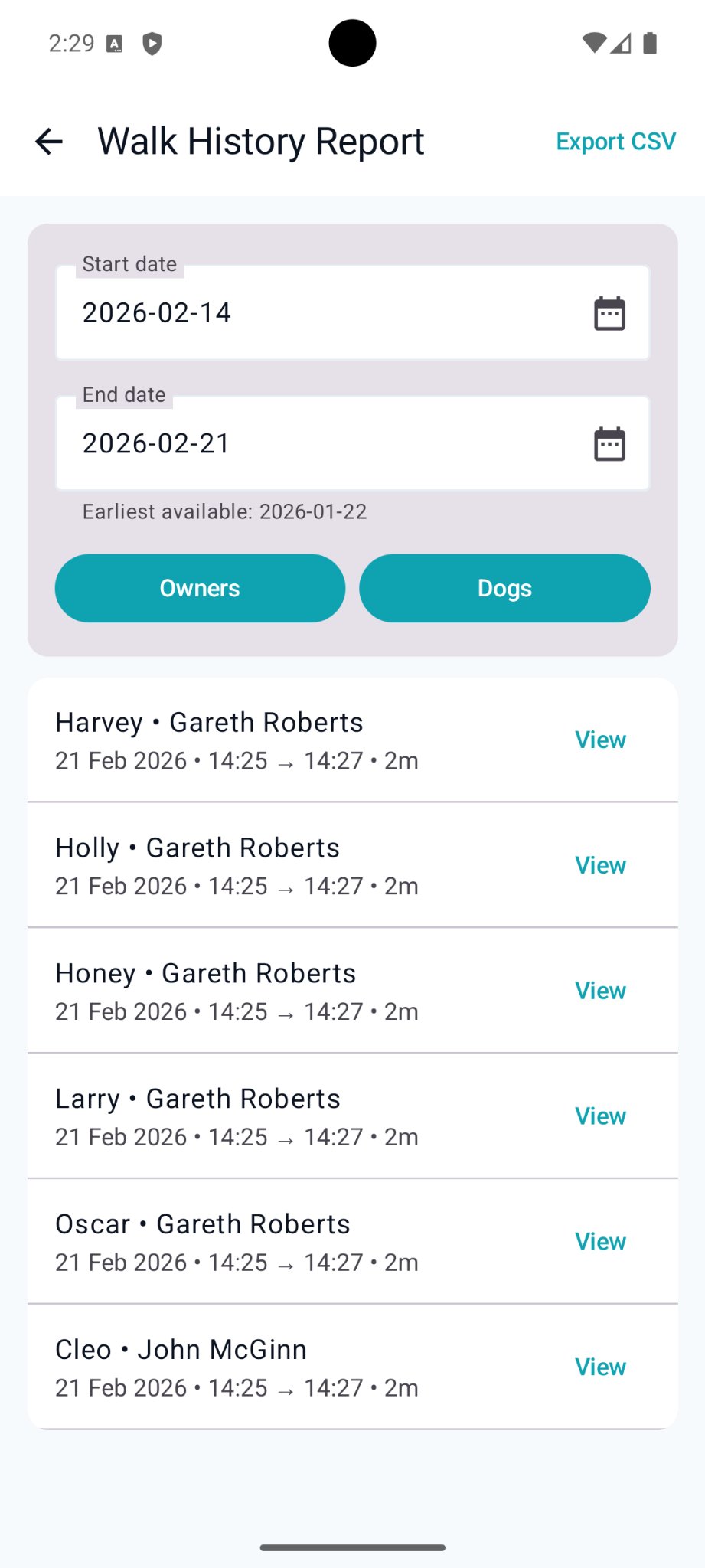 Download your walk data - Export a date-range report for invoicing and bookkeeping.